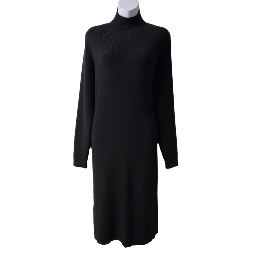 NWT Nordstrom Black Midi Ribbed Mock Neck Long Sleeve Sweater Dress Cutout Back